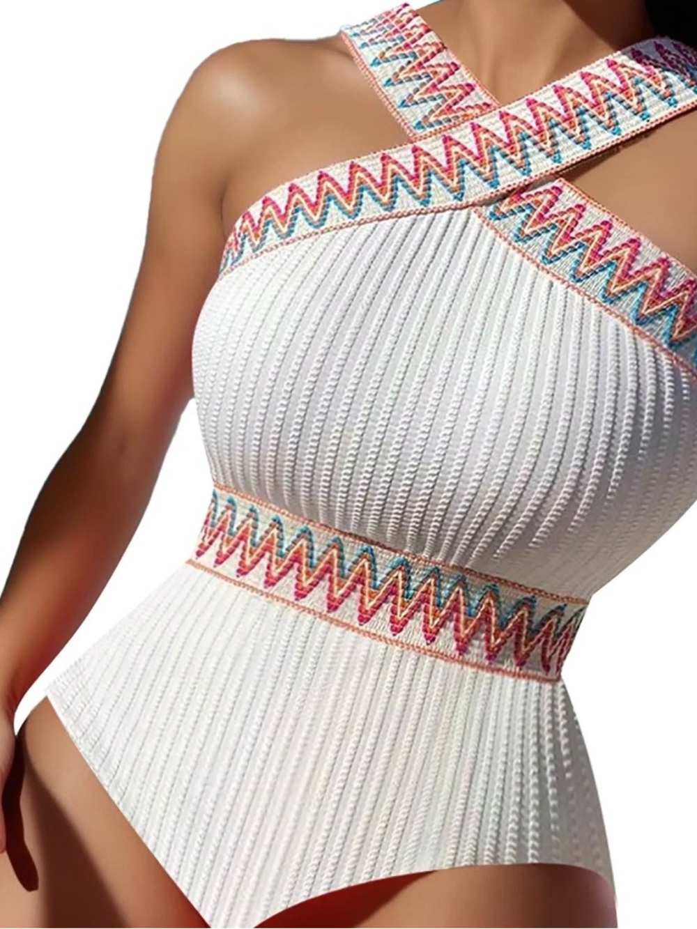 White Ribbed Cross-Neck Dress with Multicolor Embroidered Trim Size M
